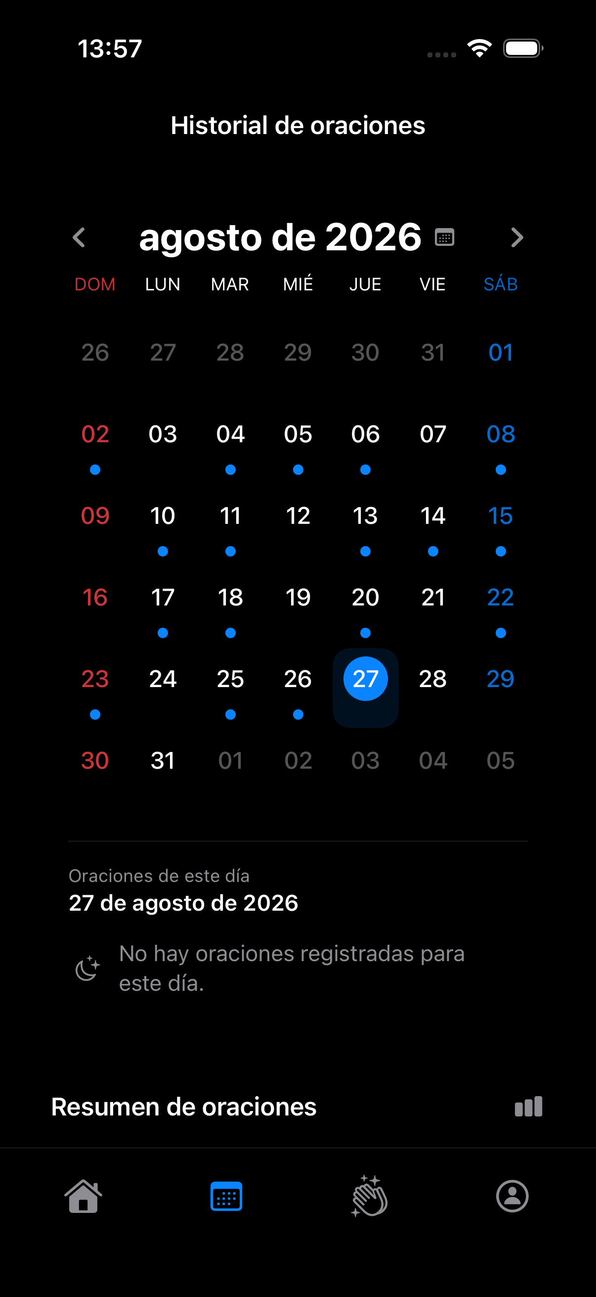 Calendario del historial de oraciones en With Mary