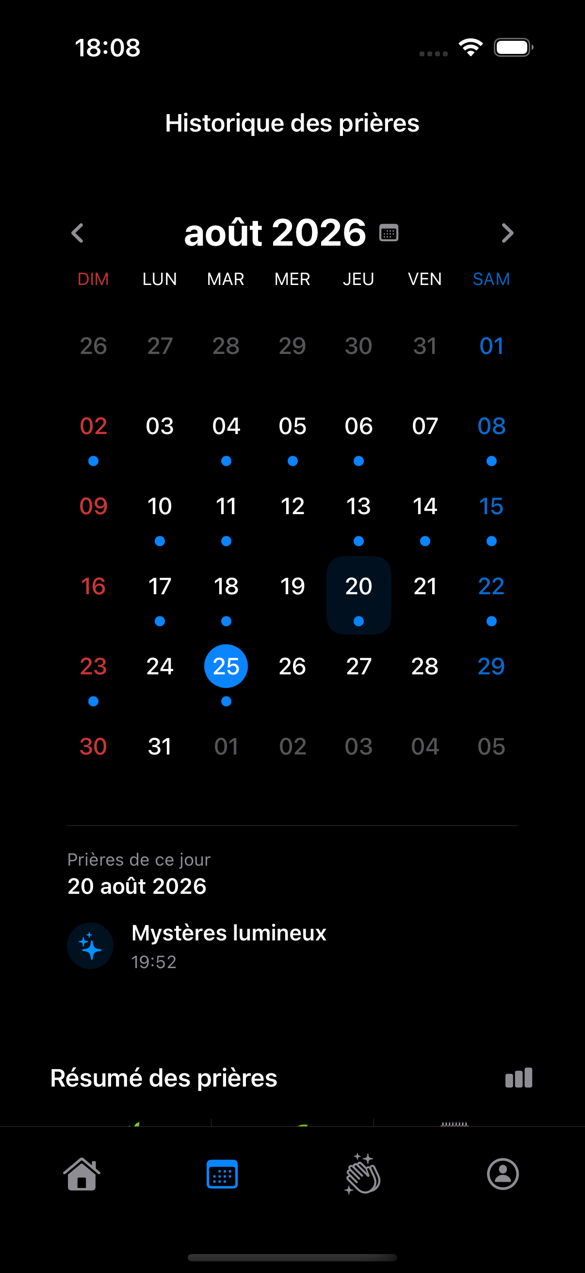 Calendrier de l’historique des prières dans With Mary