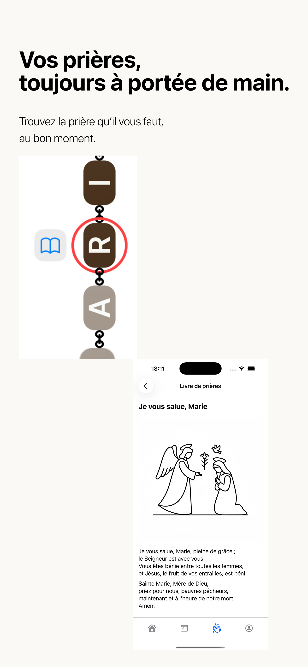 Livre de prières affichant le Je vous salue, Marie